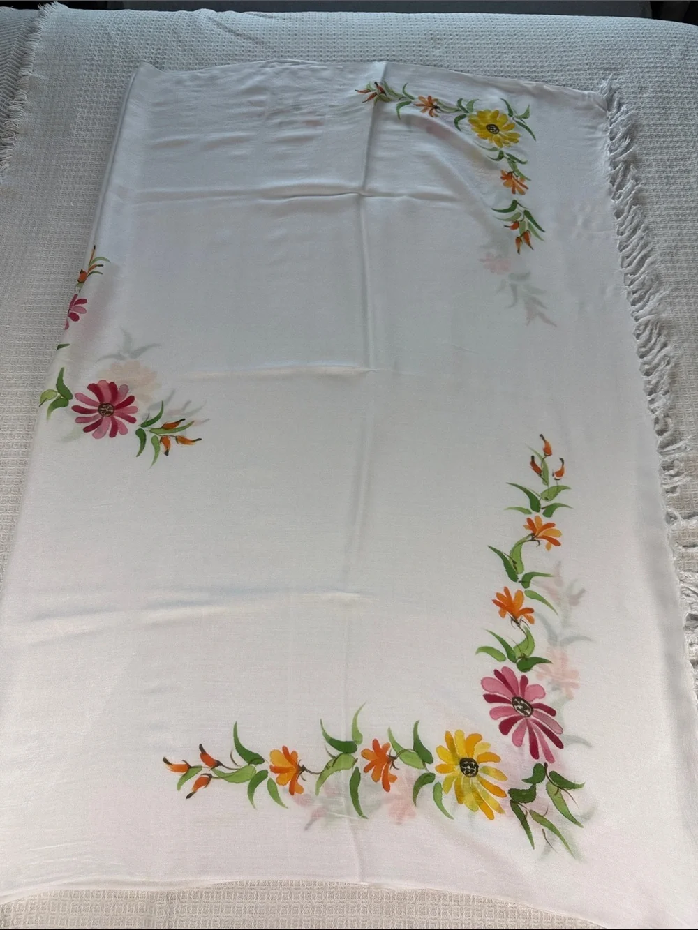 White rayon Spring tablecloth with painted floral print at corners and center
